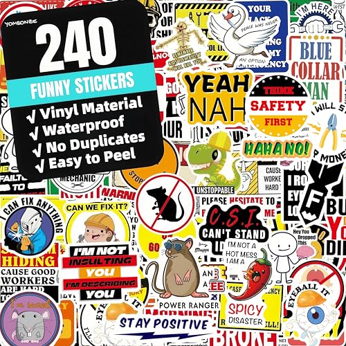 240PCS Funny Hard Hat Stickers for Adults No Repetition, Funny Blue Collar Stickers, Humor Vinyl and Waterproof Stickers for Water Bottle Laptop Tool Box Helmet Welding Electrician Construction