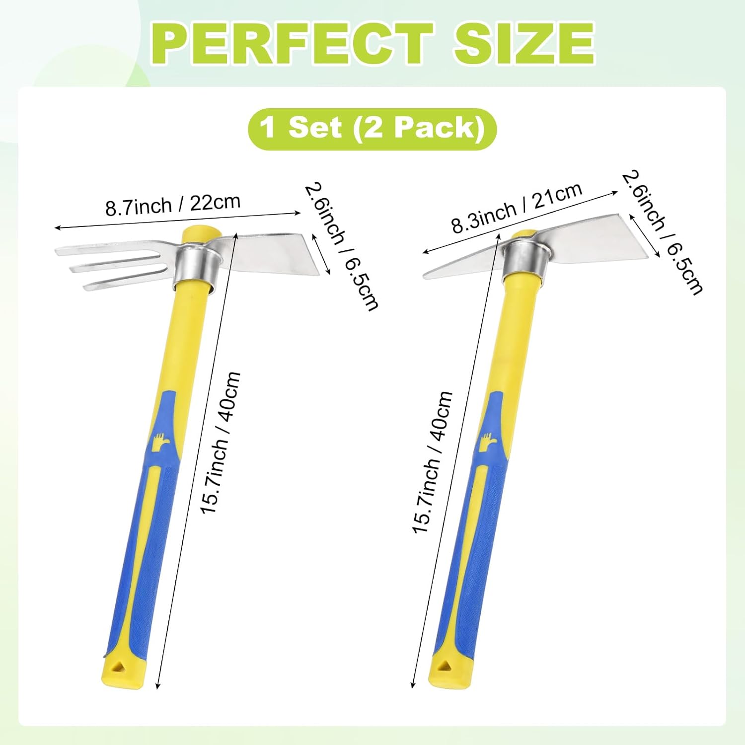 2 PCS Garden Hoe Tools, 15.7 Inches Stainless Steel Cultivator Hand Tiller and Hand Pick Axe with Fiberglass Handle, Pick Mattock Hoe for Digging/Weeding/Gardening/Planting