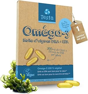 Visuel du produit : Omega 3 Vegan - Huile d'Algue haute concentration - 300 mg DHA + 150 mg EPA par capsule - Bénéfique pour le Cœur, le Cerveau et les Yeux - 100% Végétal - 60 capsules (2 Mois)