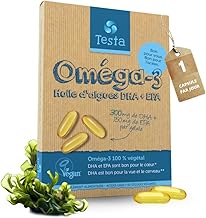 Omega 3 Vegan - Huile d'Algue haute concentration - 300 mg DHA + 150 mg EPA par capsule - Bénéfique pour le Cœur, le Cerveau et les Yeux - 100% Végétal - 60 capsules (2 Mois)