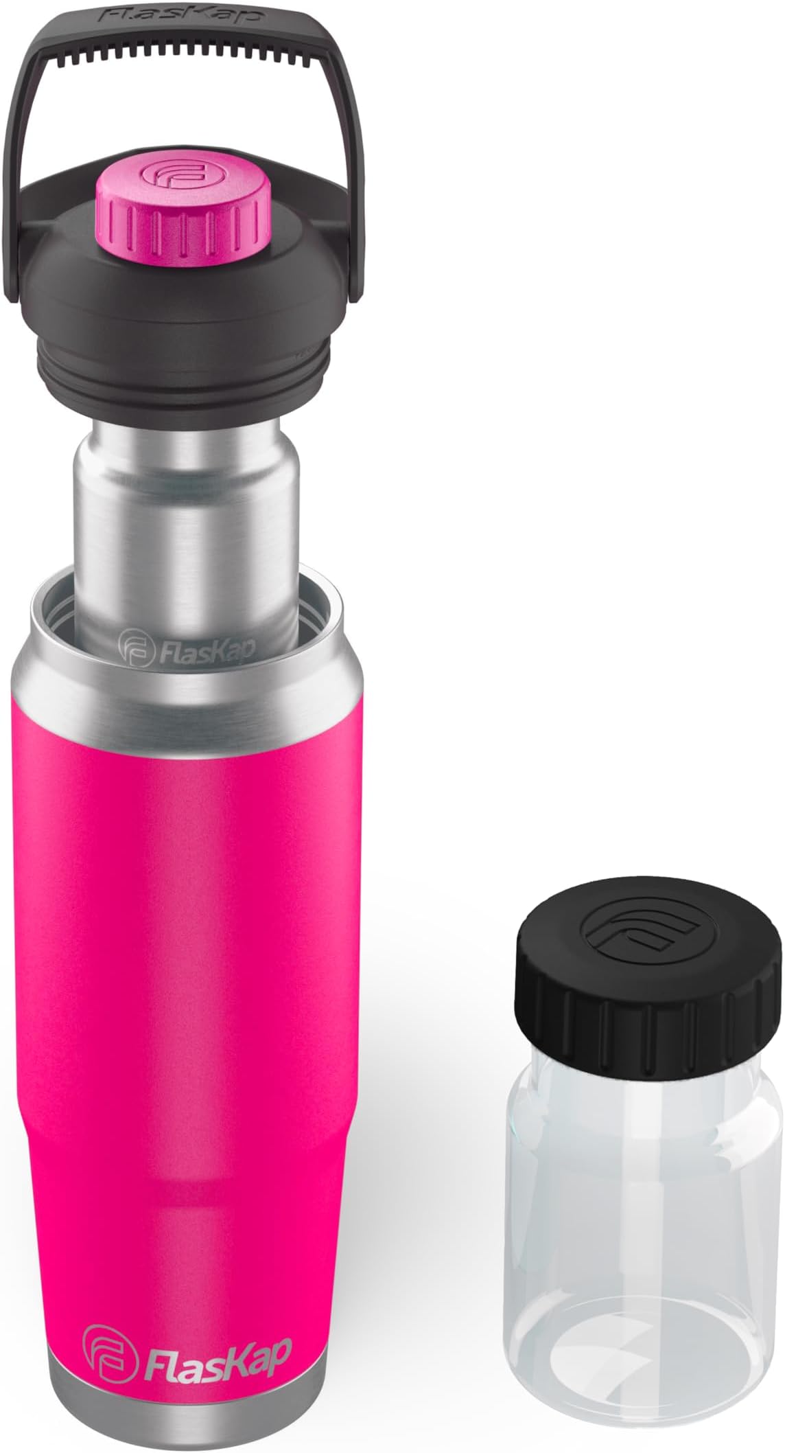 Flaskap FreePour Starter System: 6oz Tumbler Attachment and 26oz Cup Holder Friendly Bottle, Removable Stainless, and Plastic Well