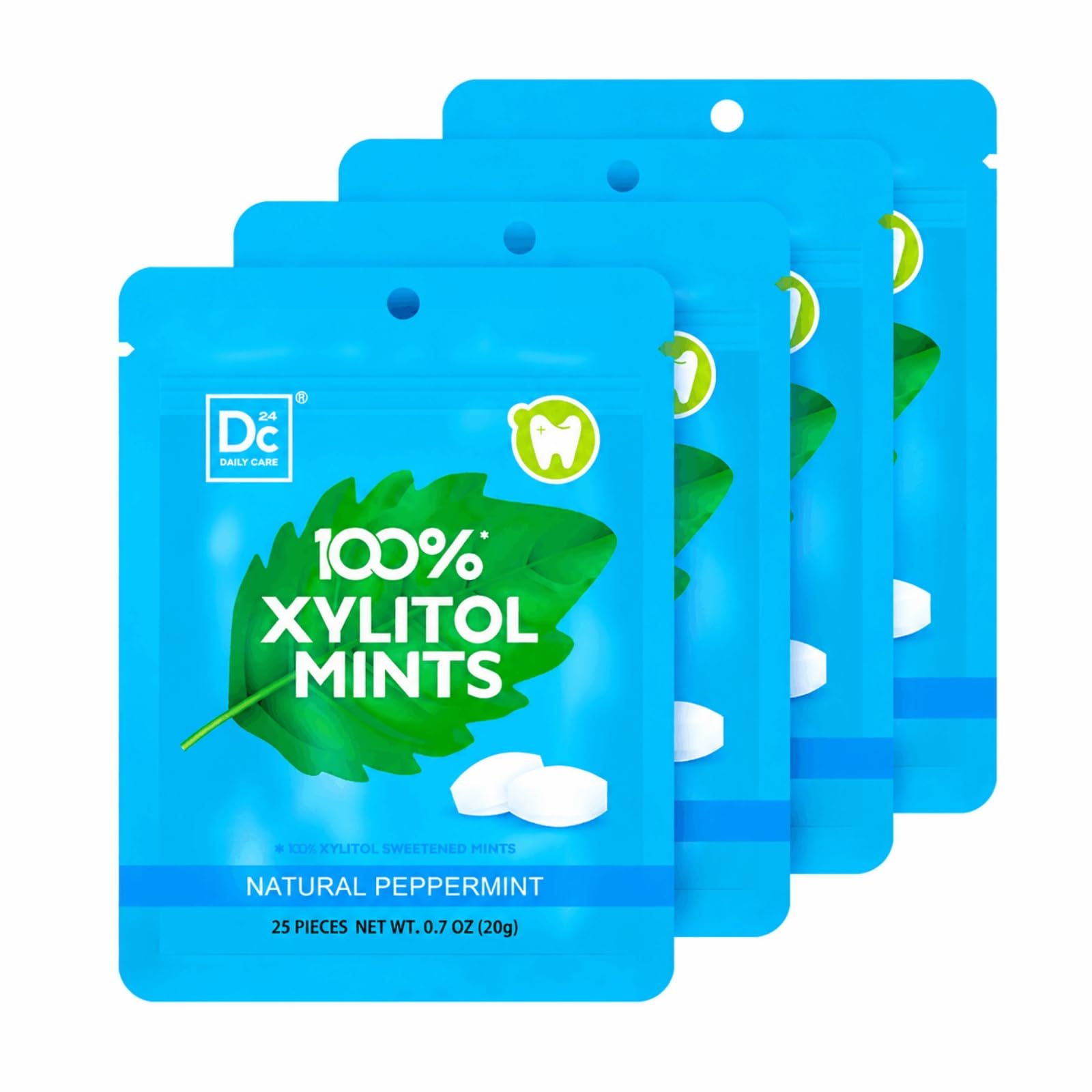 DC24 DAILY CARE 100% Xylitol Mints | Aspartame Free, Sugar Free, Vegan, Gluten Free & Keto Friendly | Natural Peppermint Flavored Mints, 25 Piece-Pack, 4 Packs