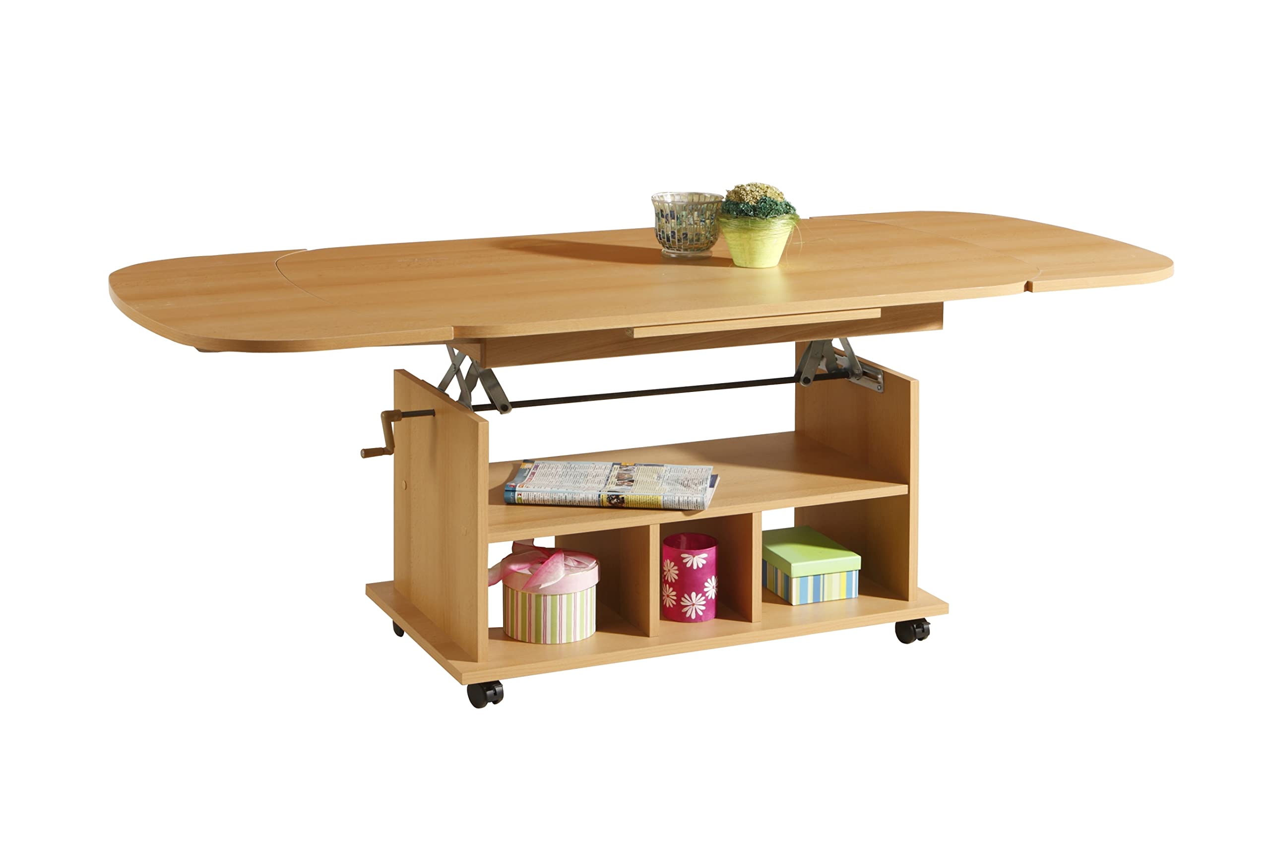 Hela Tische, Babsi - Mesa Auxiliar (Material Compuesto de Madera, Revestimiento de Melamina, Diseño de Haya, Altura Regulable 53-63 cm, Extensible 107-157 cm, con Ruedas)