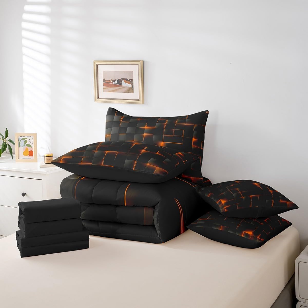 Feelyou Orange and Black Comforter Set with Sheets 7 Piece Full Size Kids Light Geometric Bed in a Bag Bedding Set Modern Style Bed Set with Comforter, Sheets, Pillowcases & Cushion Covers