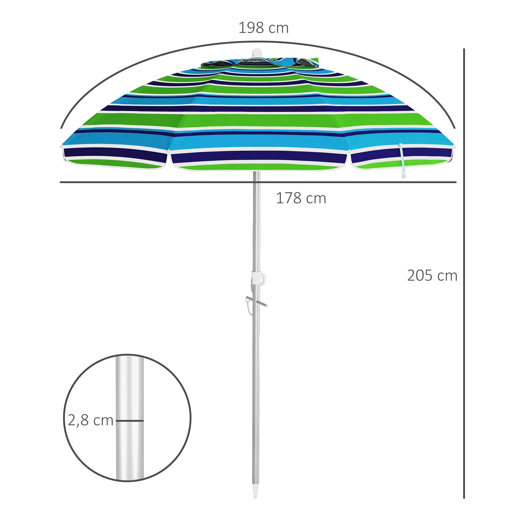 Outsunny Parasol de plage parasol inclinable rond parasol d'extérieur hauteur réglable protection UV40 sac de transport inclus alu. polyester multicolore