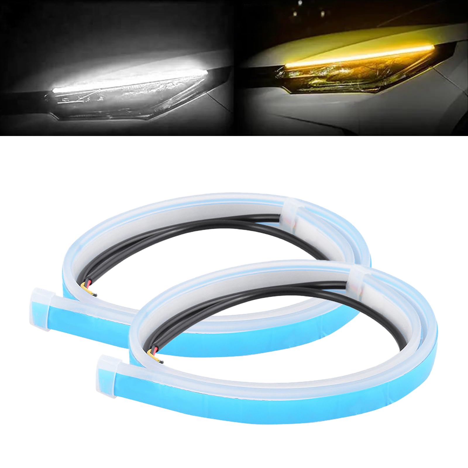 ZKFAR 2 PCS Car Modification Led Light Strip with Adhesive, 12V 5W 144SMD Waterproof Silicone Daytime Running Lights, Universal 1.9Ft Ultra-Thin Vehicle Turn Sequential Signal Light (White & Yellow)