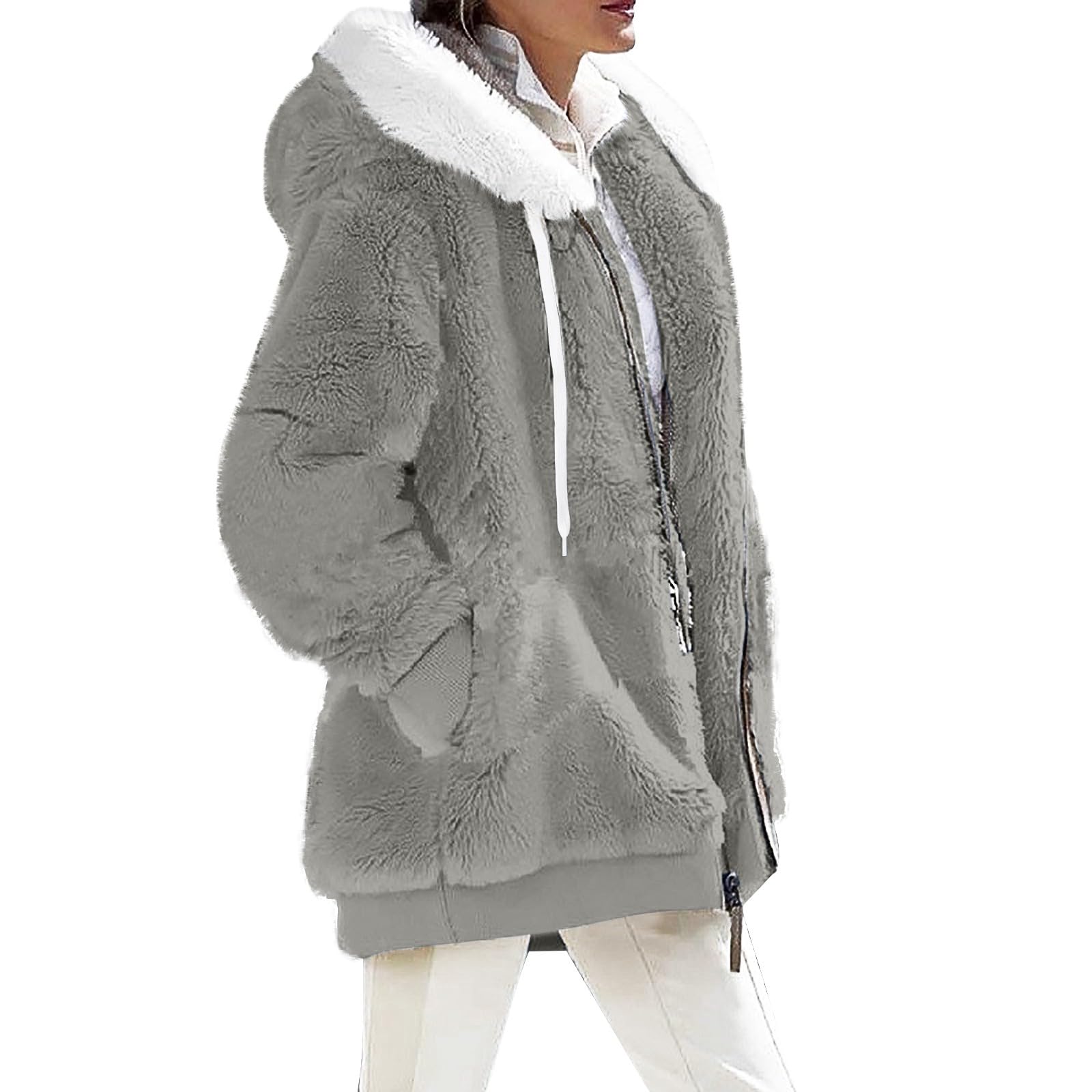 Generisch Winterjacke Damen Warm Fleecejacke Elegant Teddyjacke Mit Kapuze Plüschjacke Winter Plüschmantel Langarm Flauschjacke Outdoor Kapuzenjacke Einfarbig Locker Damenjacken Casual Wintermantel