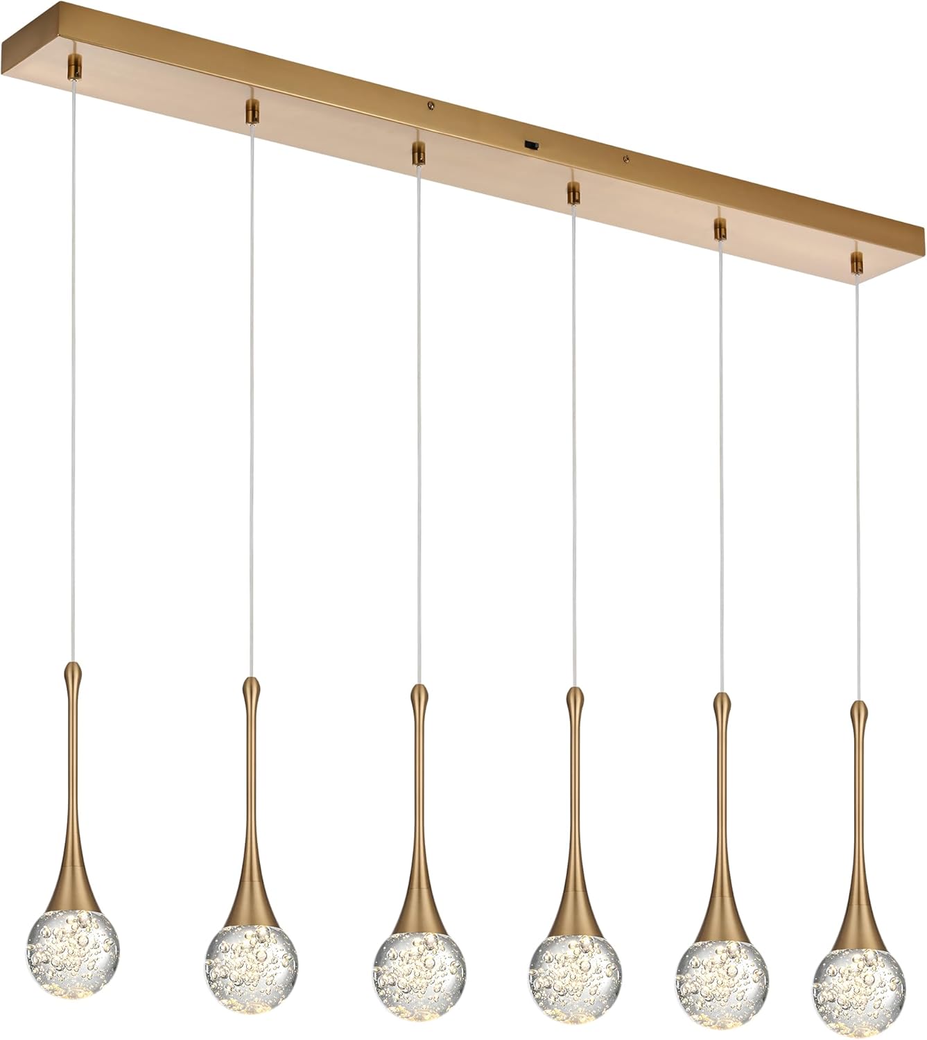 VINLUZ 6-Light Crystal Brushed Gold Chandelier, Dimmable LED Bubble Raindrop Pendant Lighting Fixture, Luxury Glam Adjustable Spiral Ceiling Light for Kitchen Island Dining Room