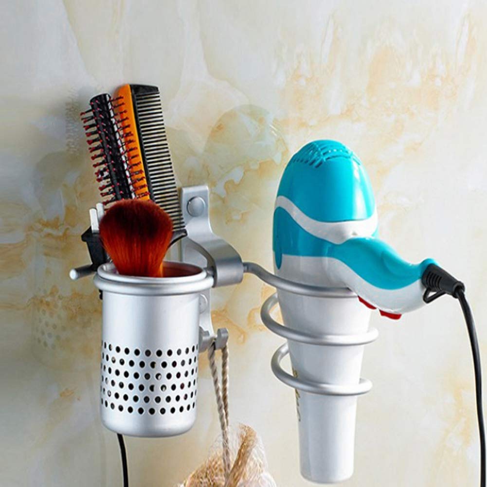 Aluminum Wall Mounted Hair Dryer Holder - Rust-Proof Bathroom Organizer with Quick-Install Screws, Heavy Duty Commercial Grade for Hotel/Barber/Spa, Brushed Silver Finish