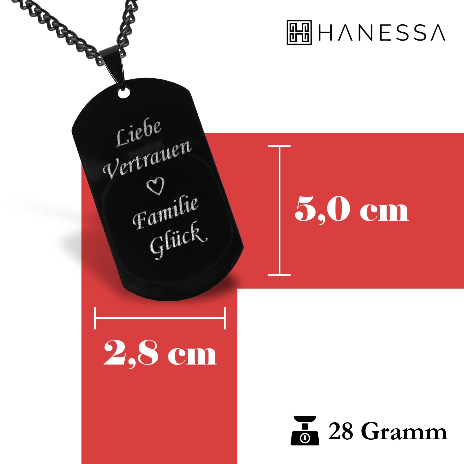 Personalisierte Kette mit Gravur Edelstahl 57 cm mit Anhänger Dog Tag in schwarz - Personalisierte Halskette für Männer und Frauen - Personalisierter Schmuck Damen Herren