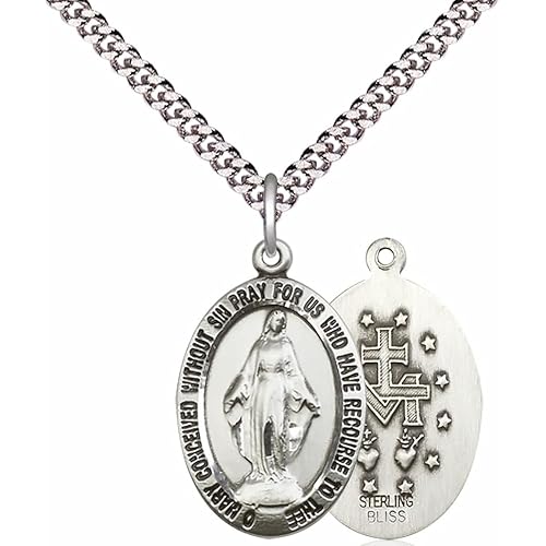 F.A. Dumont Sterling Silver Miraculous Medal Pendant with 27" Heavy Curb Chain - 4025SS/27S