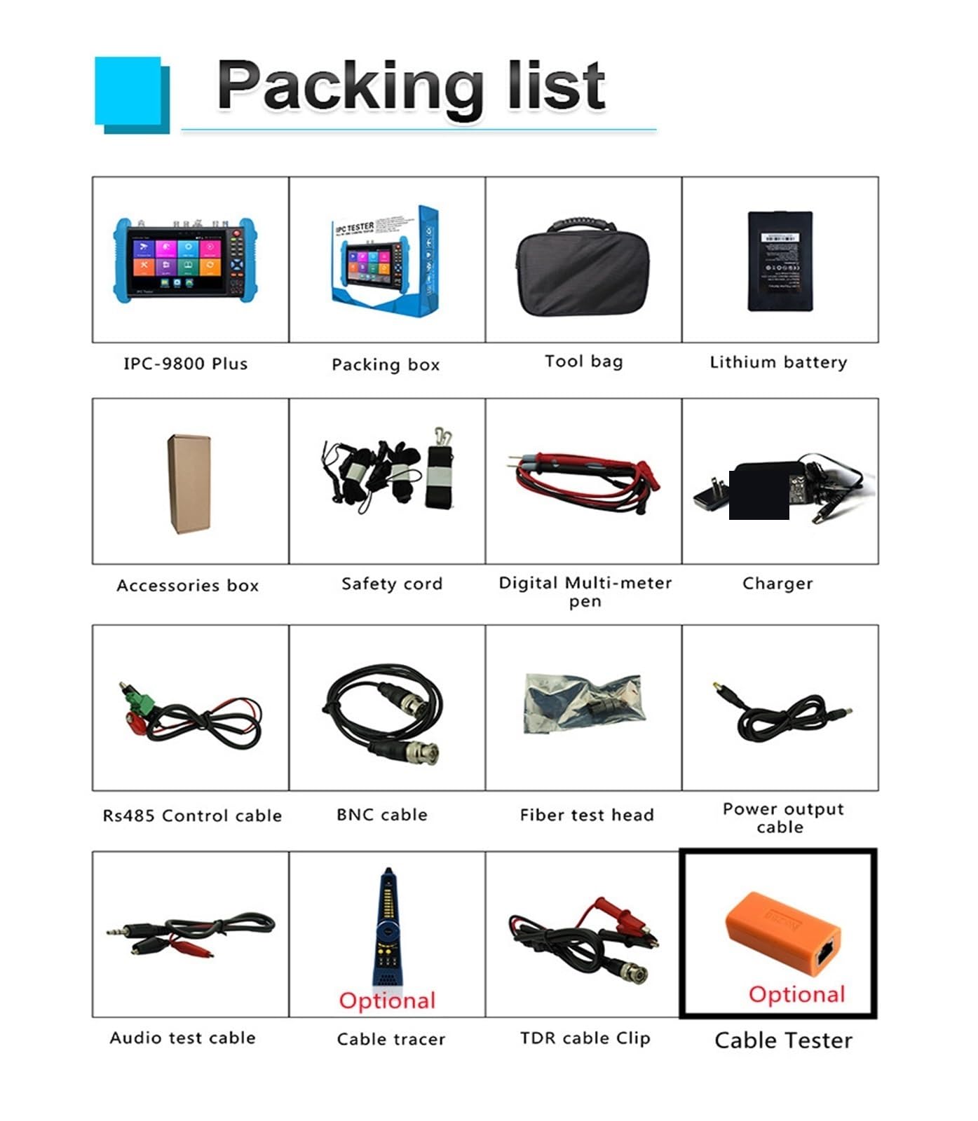 Testeur de vidéosurveillance, Testeur De Vidéosurveillance IPC-9800ADH 8K IPC8MP AHD CVI TVI, Caméra, Câble UTP, PoE IP, Entrée HDMI VGA, Sortie Puissance, CCTV IPC