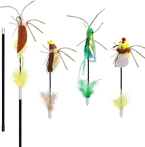 SONGWAY Varita de juguete para gatos  Juguete de varita de gato con 4 piezas de repuesto de juguete de plumas de insecto, juguetes interactivos para