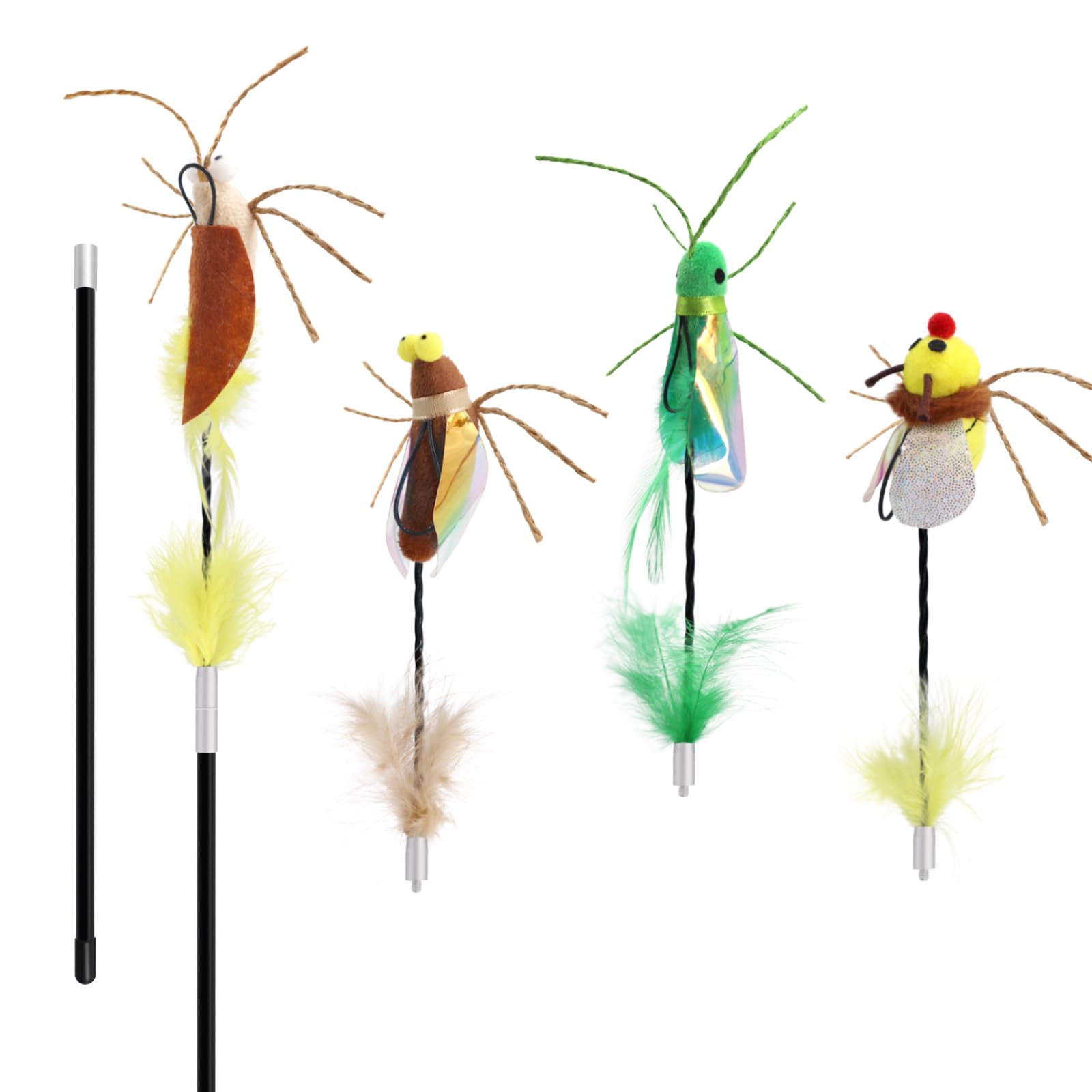 SONGWAY Cat Teaser Wand Toy - 2 Cat Wand with 4 Cute Insect Cat Toy Replacement Feathers, Interactive Cat Toy for Indoor Cats Kittens