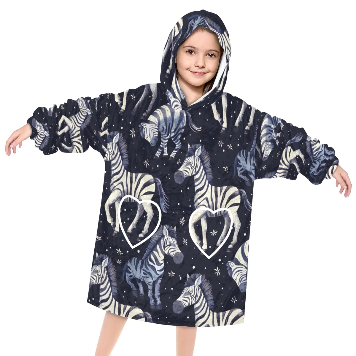 Pardick Wearable Blanket Hoodie for Kids, Striped Zebra Fleece Sweatshirt Blanket Oversized Blanket Sweatshirt with Pocket Flannel Warm Hooded Blanket 6-10 Year Old Girl Boy Gift, One Size