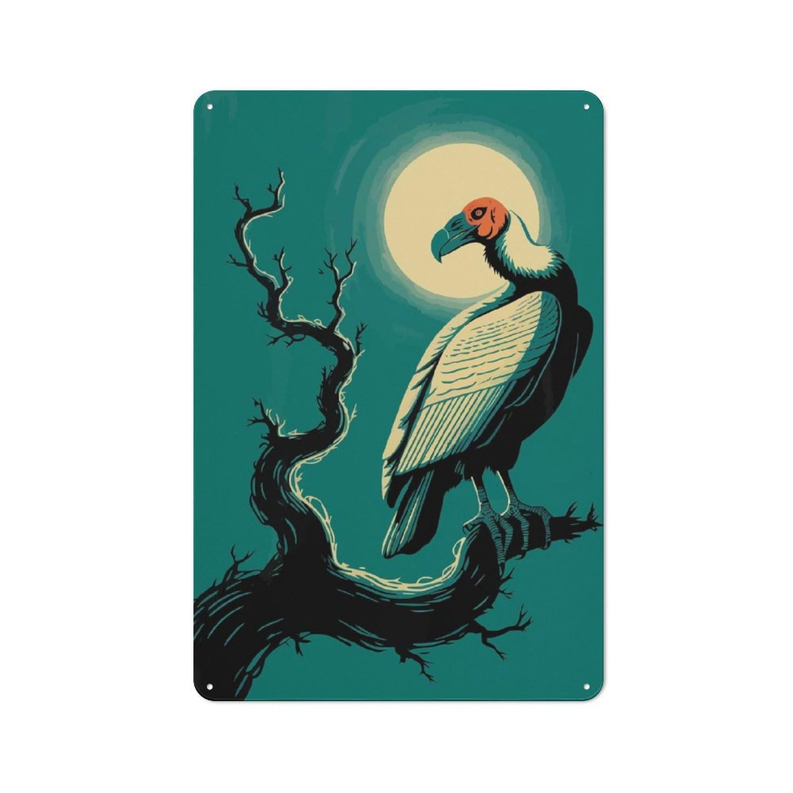 Junmoney Vulture Perched Under Moonlight Metal Plaque 30X20cm With For Hallway Wall, Retro Decor, For Themed Interiors In Hallways And Entrance Areas