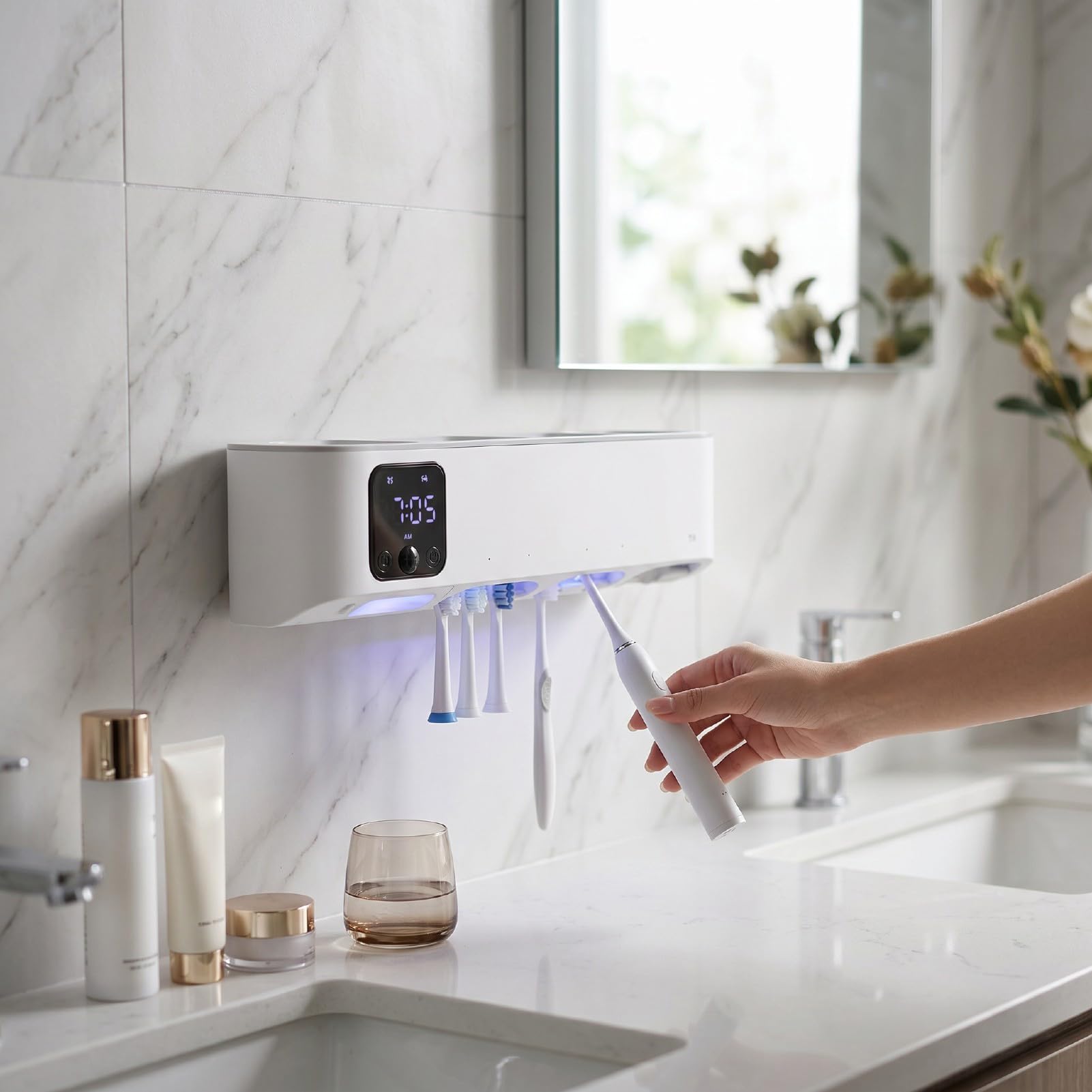 Sxhlseller Soporte para Cepillo de Dientes Eléctrico, Pantalla LED Montada en la Pared, Soporte para Limpiador de Cepillos de Dientes Recargable, Cuenta con un Ciclo de Limpieza Automático