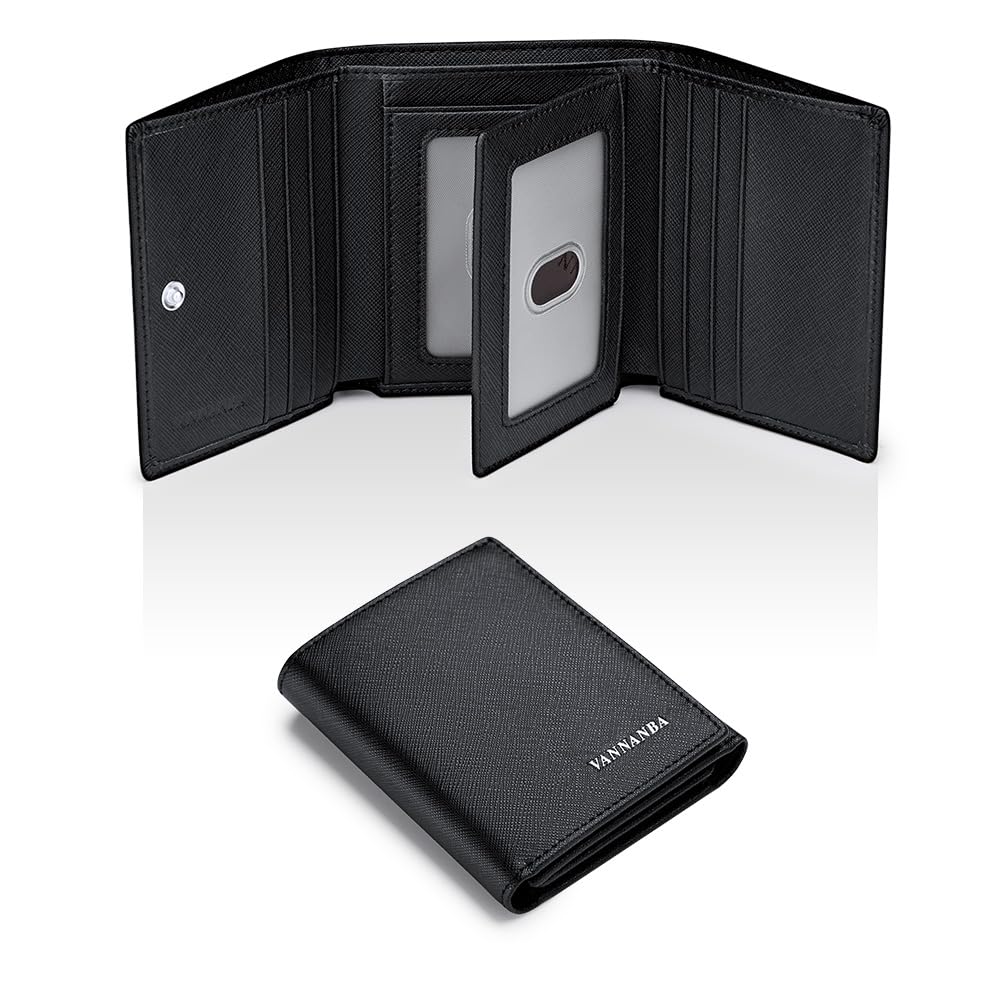VANNANBA Men's Leather Trifold Wallet with Folded ID Windows,12 Card Slots & 2 Note pockets(Cross Black)