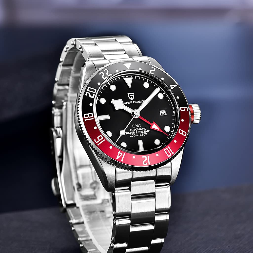 Pagani Design Herren Automatik Mechanisch GMT Uhren Aluminium Lünette Synthetisch Saphir Edelstahl Armband 200M Wasserdicht Leuchtend Selbstaufzug Sport Armbanduhren