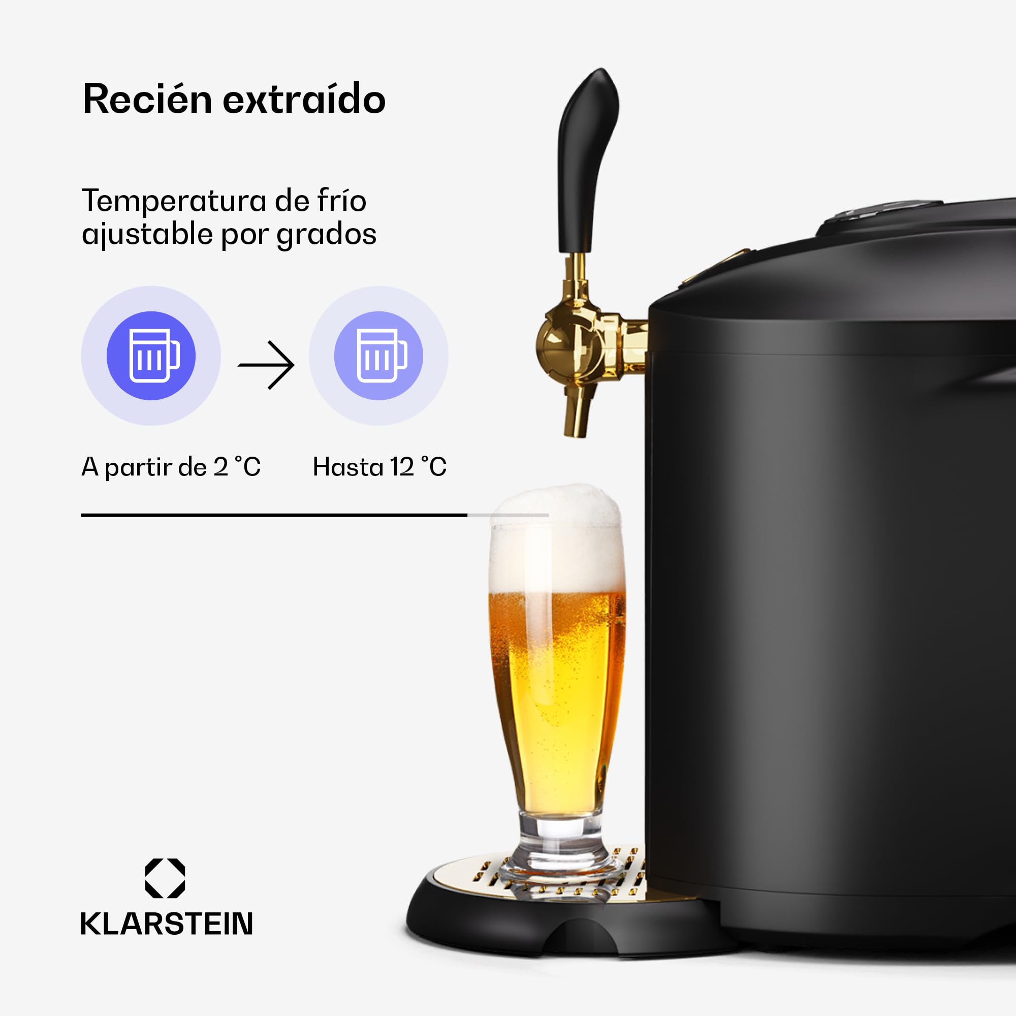 KLARSTEIN Dispensador de Cerveza Beerkules, Grifo de Cerveza con Enfriador, Barril 5l, CO2, Temperatura Ajustable, Pantalla LCD, Negro-Dorado