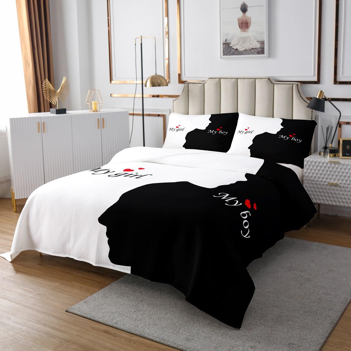 Homemissing Copriletto trapuntato bianco e nero per letto king size, coppia di cuori, copriletto trapuntato per ragazze e donne amanti romantico set copriletto trapuntato per San Valentino decorazione