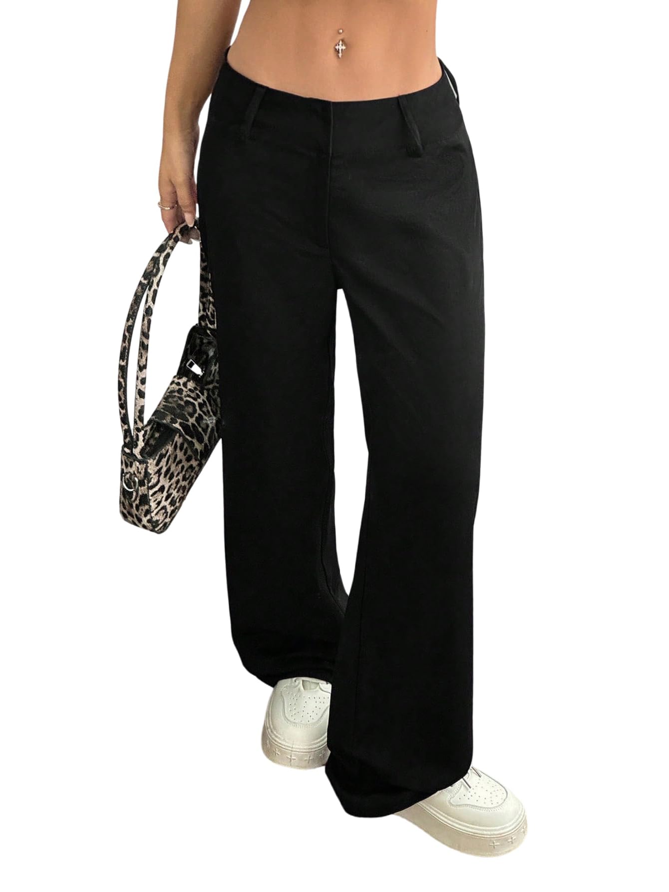 GORGLITTER Pantaloni da donna a gamba larga, eleganti, lunghi, a vita bassa, con chiusura lampo, per il tempo libero