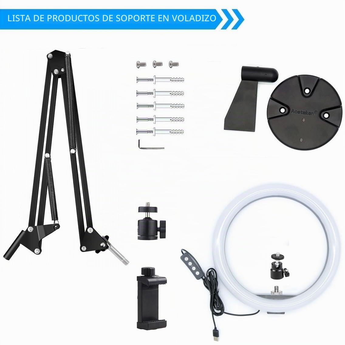 Soporte de pared para teléfono móvil con anillo de luz de 26 cm, soporte plegable compatible con iPhone 15, 14, 13, 12, 11 X, Xr Xs 9, 8, 7 y smartphones Samsung