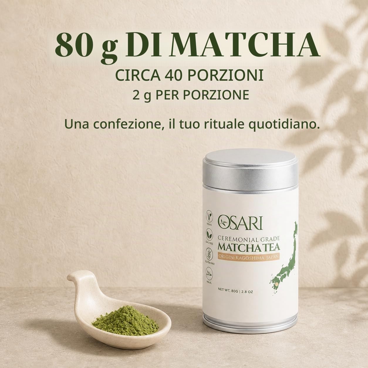 OSARI Matcha Cerimoniale 80 g – Primo Raccolto da Kagoshima, Giappone – Matcha Giapponese Puro al 100% – Macinato a Pietra e Testato in Laboratorio – Umami Delicato