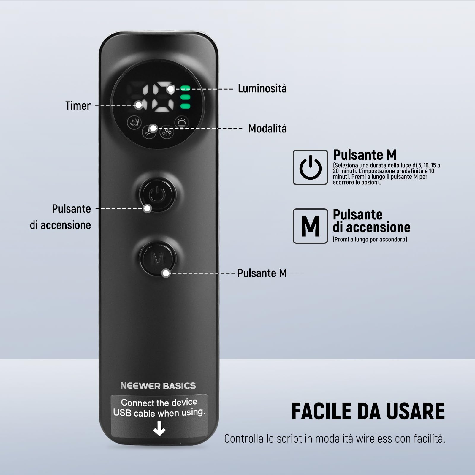NEEWER BASICS Maschera LED Viso Terapia Luce con 7 Modalità, Timer con Pannello Luce Rossa e Blu, Beauty Mask LED Ricaricabile in Silicone per Cura della Pelle Faccia a Casa e in Viaggio, M08