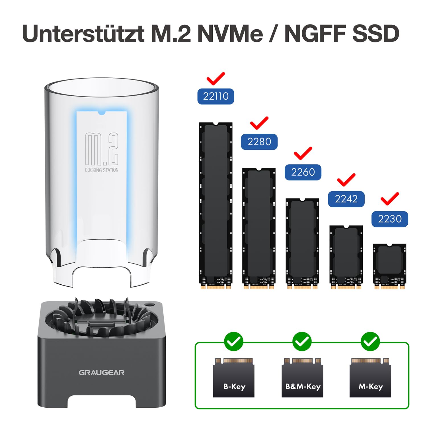 GRAUGEAR M2 SSD Docking Station für alle M.2 NVMe PCIe & NGFF SATA Festplatte [10Gbit/s Dock] USB3.2 Gen2 10Gbps I M.2 Externe Festplatten Dockingstation I SSD Festplatte Extern I Leise Lüfter Kühlung
