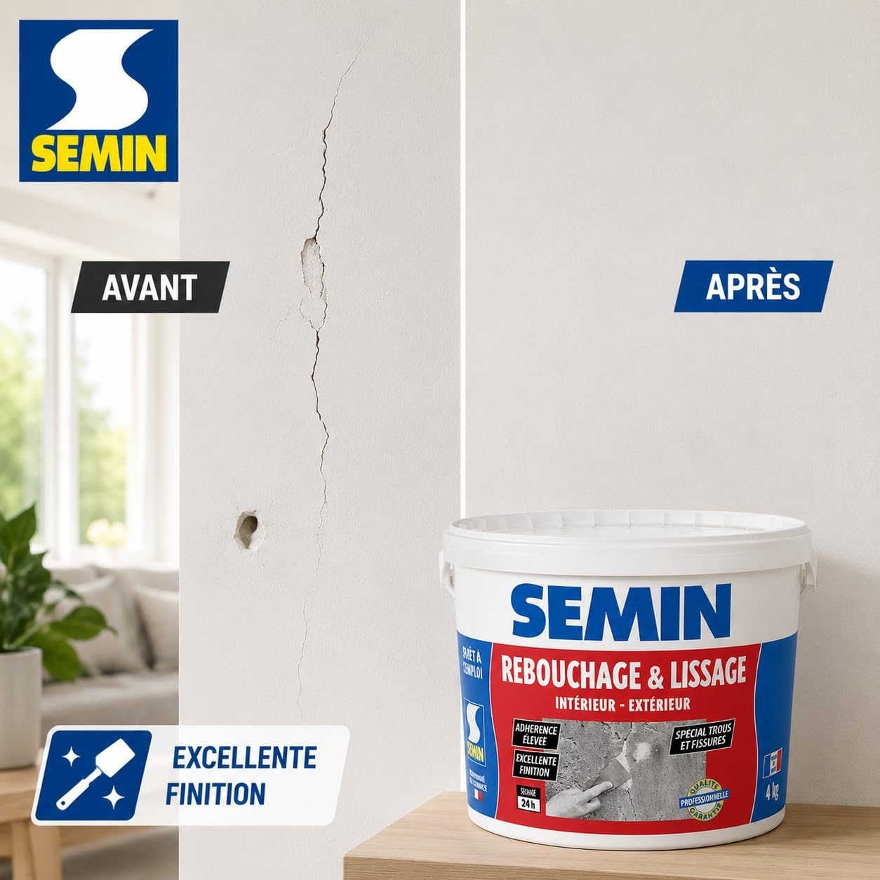 SEMIN Kit Rebouchage & Lissage 2 x 4 kg – Enduit en Pâte Intérieur/Extérieur Spécial Trous & Fissures + Couteaux à Enduire 10 cm & 15 cm – Prêt à l’Emploi – Finition Lisse Professionnelle