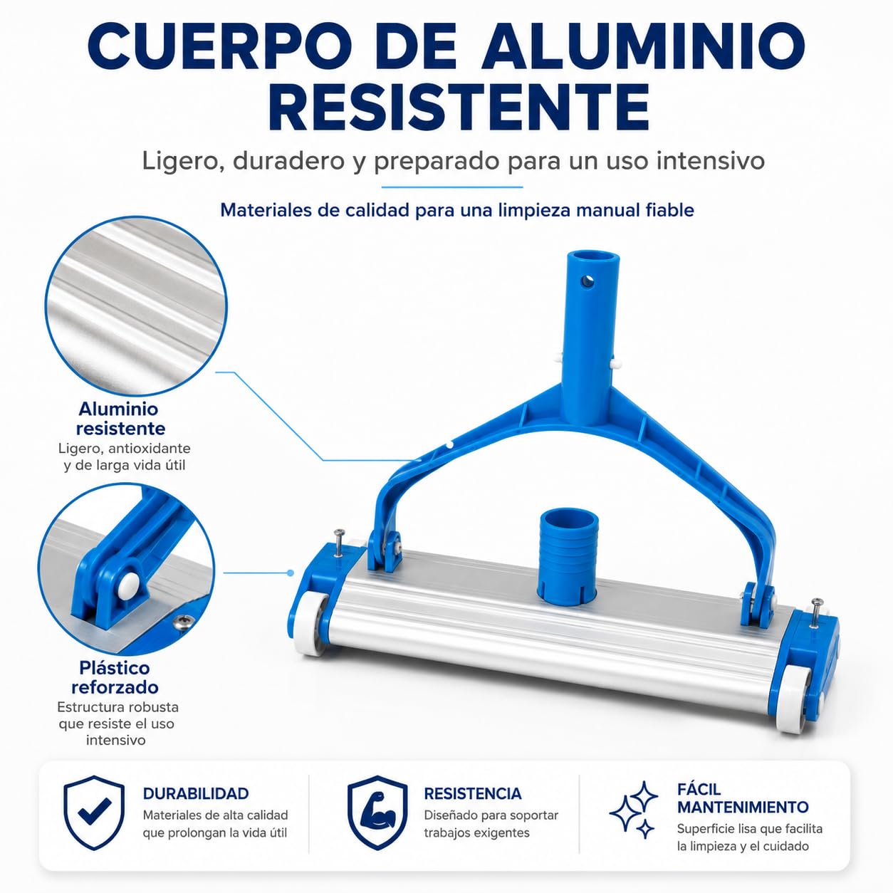 Limpiafondos de aluminio para piscinas - Fijación Clip - Cepillos de nylon - 4 ruedas - 33 cm Dpool