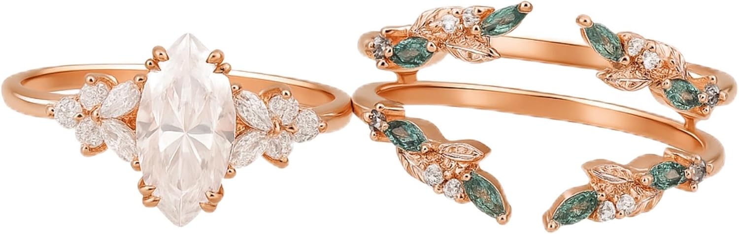 Marquise Cut Moissanite Engagement Ring Set with Vintage Moss Agate Wedding Band – Rose Gold Leaf Enhancer Bridal Set – Unique Promise Gift for Her