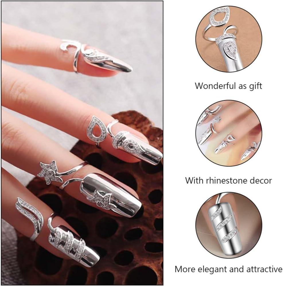 FRCOLOR 8 Pack Silver Nail Rings Rhinestones Fingernails Rings Fashion Retro Finger Tip Nail Protecting Opening-Rings Decoration Jewelry Fingernail Decorations for Women Lady Girls