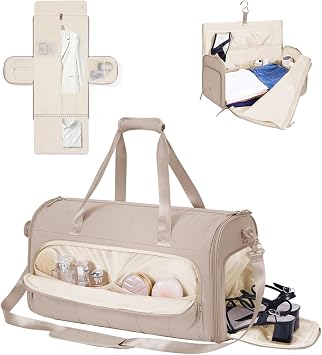 WANDF Convertible Garment Bags for Travel with Wet Pocket Carry on Garment Duffle Bag 2 in 1 Puffy Hanging Clothes Travel Bags with Shoe Compartment for Airplanes Business Weekend Gym Wedding Khaki