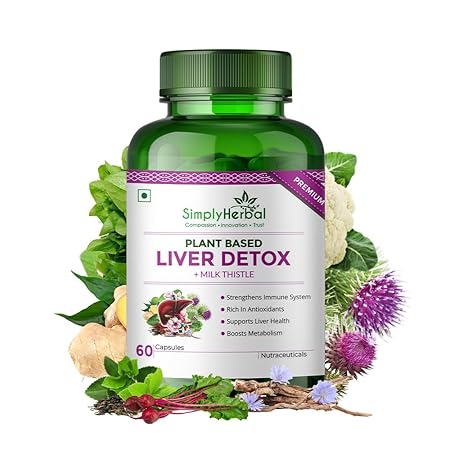Simply Herbal Plant Based Liver Detox Capsules, Milk Thistle Extract Supplement for Men and Women | Liver Health & Gall Bladder Health Supplement | Dandelion, Drumstick, Green Turmeric - 60 Veg Capsules