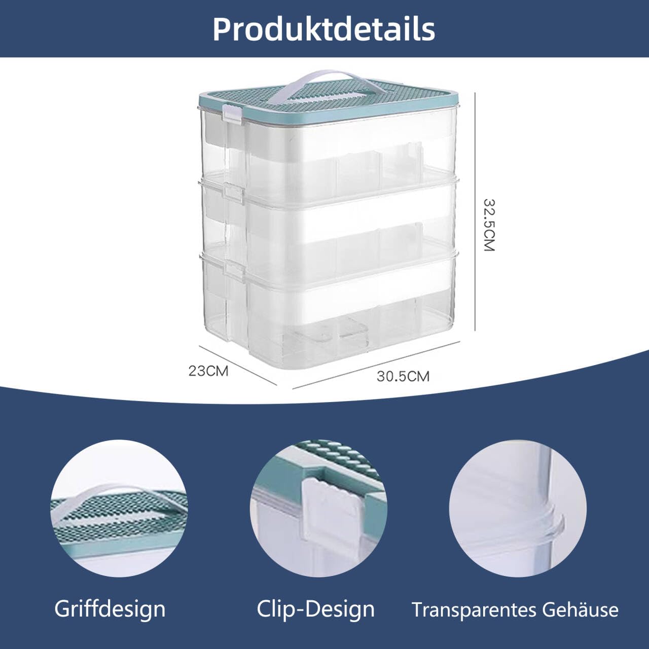 Kinder Aufbewahrungsbox mit Deckel für Lego Bausteine Aufbewahrungsfächer Stapelboxen Spielzeugaufbewahrung Stapelboxen Kunststoff Sortieren Kleinteile Transparent Organizer 3 Lagen Blaue Farbe