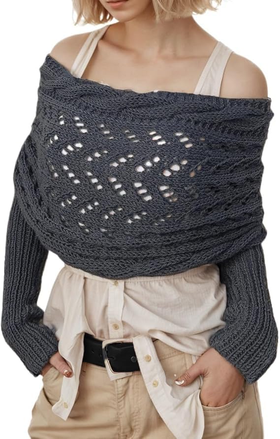 Knitted Cable Wrap,Shrugs for Women,Knitted Wrap,Scarf with Sleeves for Women,Sweater Scarf with Sleeves(Black)