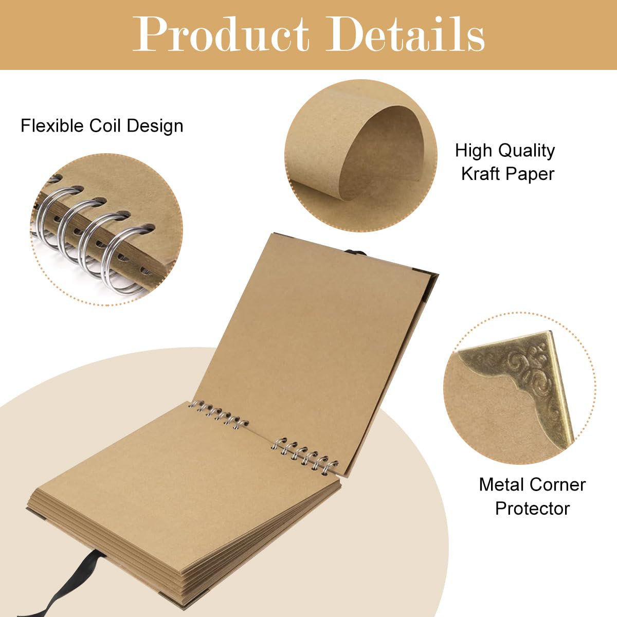 HASTHIP DIY Scrapbook Album,8"x8" Thick Craft Paper Binder,60 Blank Pages with Ribbon Tie Closure,Photo Album for Baby Milestones,Art Scrapbook,Wedding,Birthday Memories,Gift Keepsake,Free Size,Brown 1