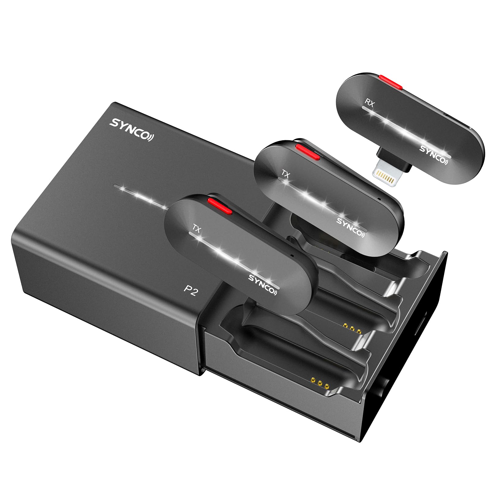 SYNCO Mobilny bezprzewodowy mikrofon krawatowy, P2SL 【Certyfikat MFi】 Bezprzewodowy mikrofon z klapką 2,4 GHz z etui ładującym kompatybilny z iPhone iPad,