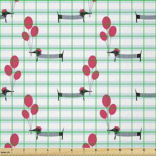 Image of Ambesonne Dachshund Fabric by The Yard, Beret and Shirt Wearing Dog Holding Balloons on Stripes Background, Stretch Knit Fabric for Clothing Sewing and Arts Crafts, 2 Yards, Vermilion Pale Blue