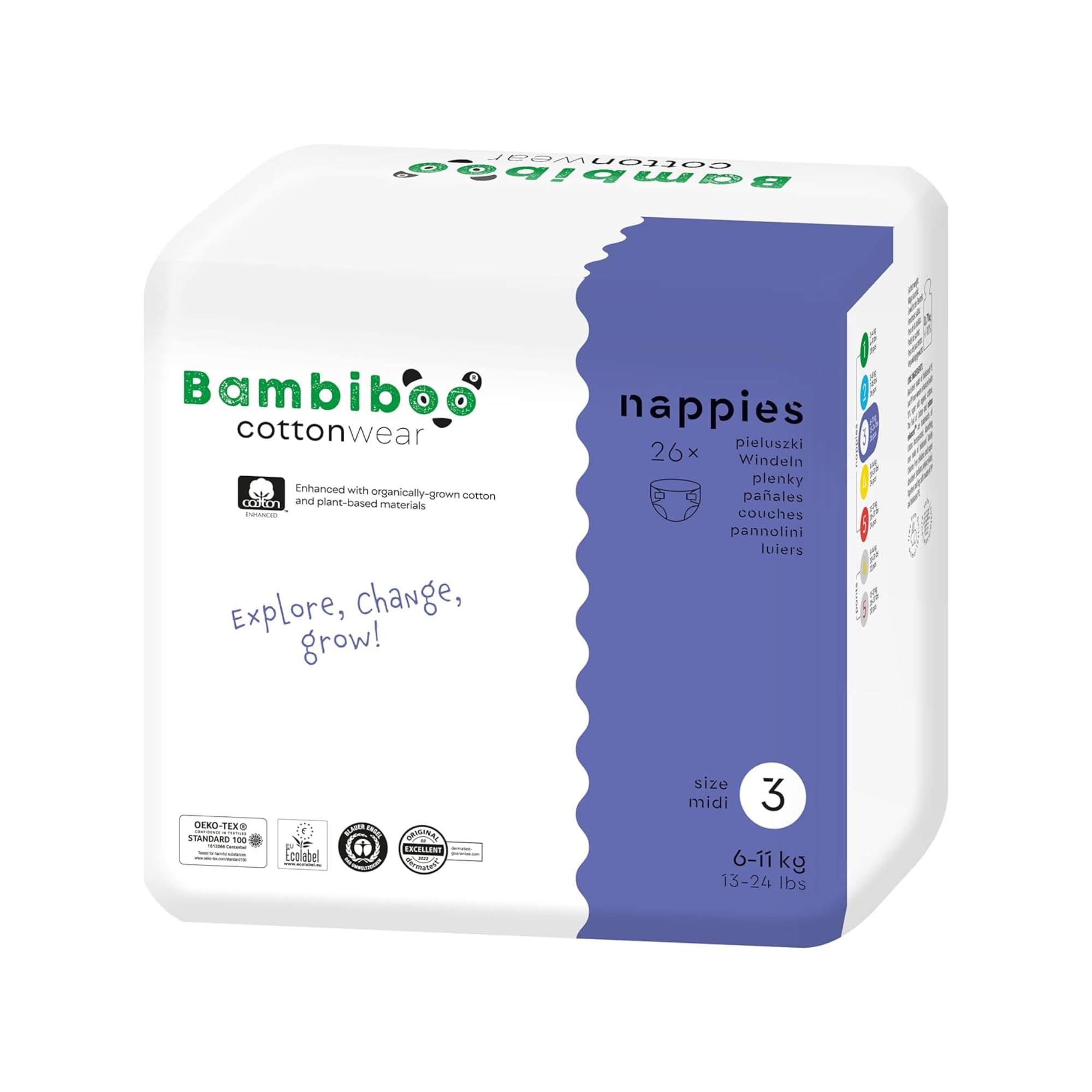 Bambiboo - COTTONWEAR Baby Windeln - Einwegwindeln - Größe 3 Midi (6-11kg) - mit Bio-Baumwolle, Pflanzstoffen, Nässeindikator, 3D-Rüschen - Parfümfrei, Chlorfrei - 26 Stk