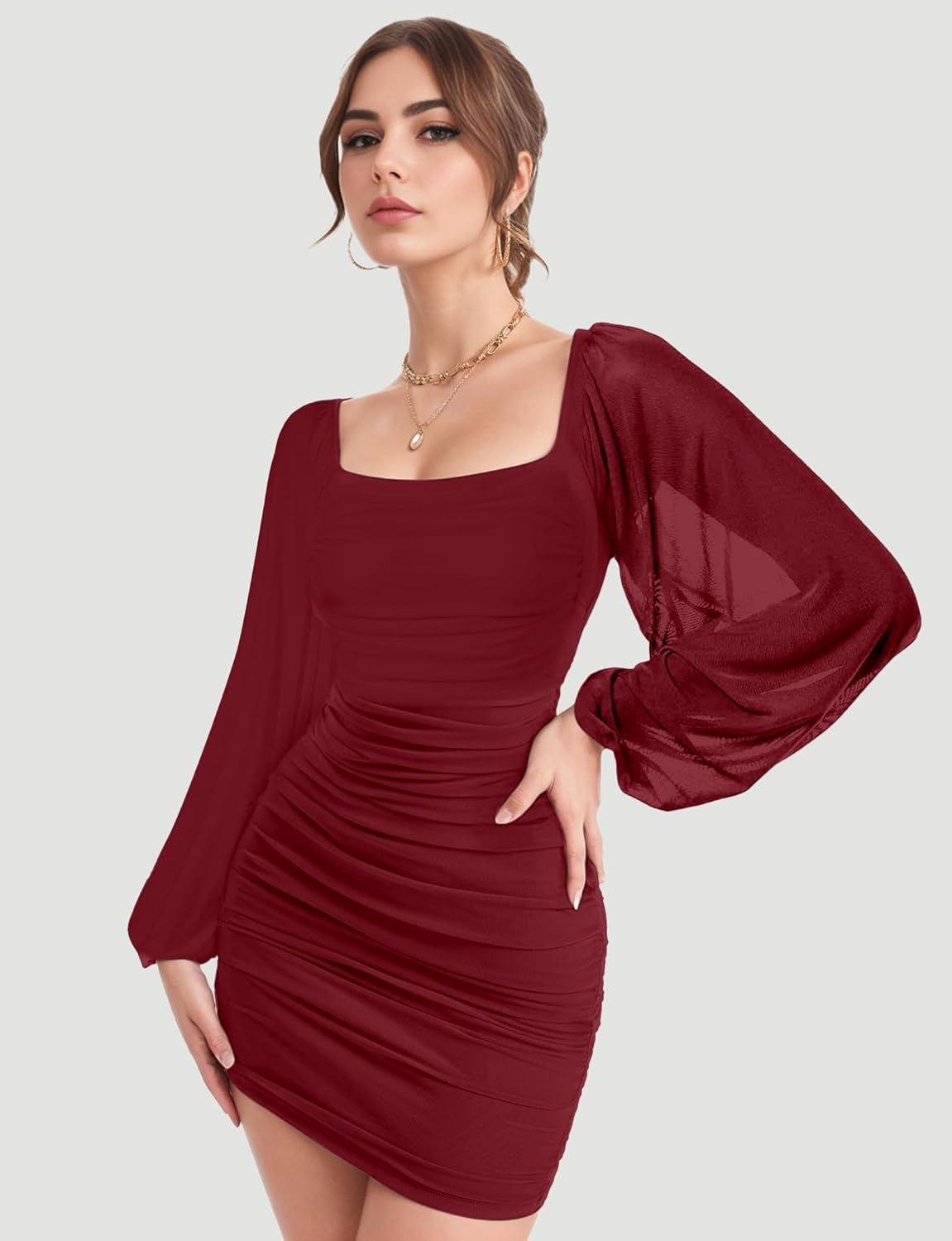 Women's White Black Pink Green Mesh Long Sleeve Square Neck Ruched Party Club Cocktail Bodycon Short Tight Prom Mini Dress Summer Spring Fall Sexy Classy Banquet Dress Teen Girl Grad Formal Dresses - Image 3