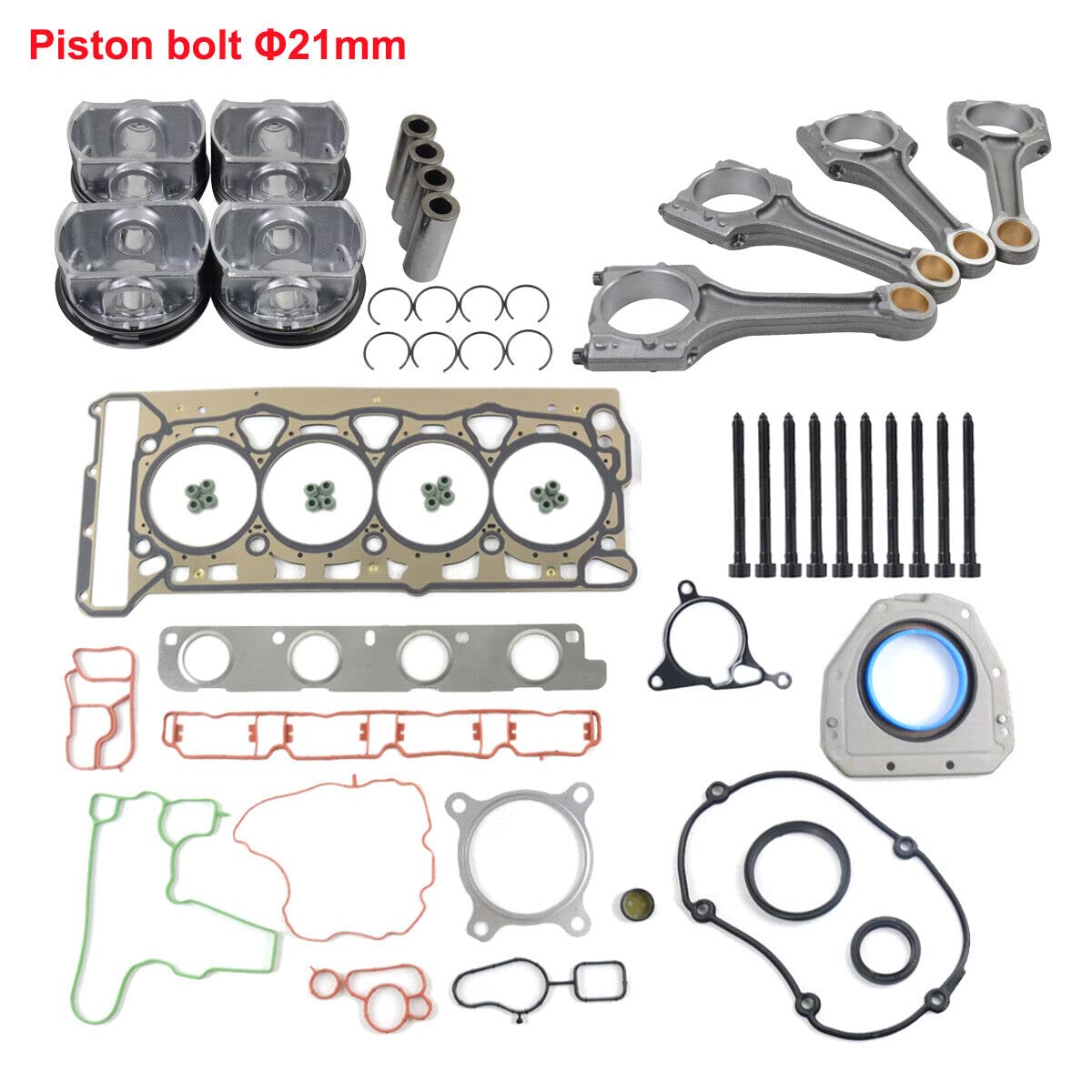 4x Pistone+4x Biella+ Set guarnizioni testata Spinotto pistone Ø 21mm compatibile con 2.0 TFSI TSI GTI 06H107065BE 06H107065DD 06D103385D 06J198401B