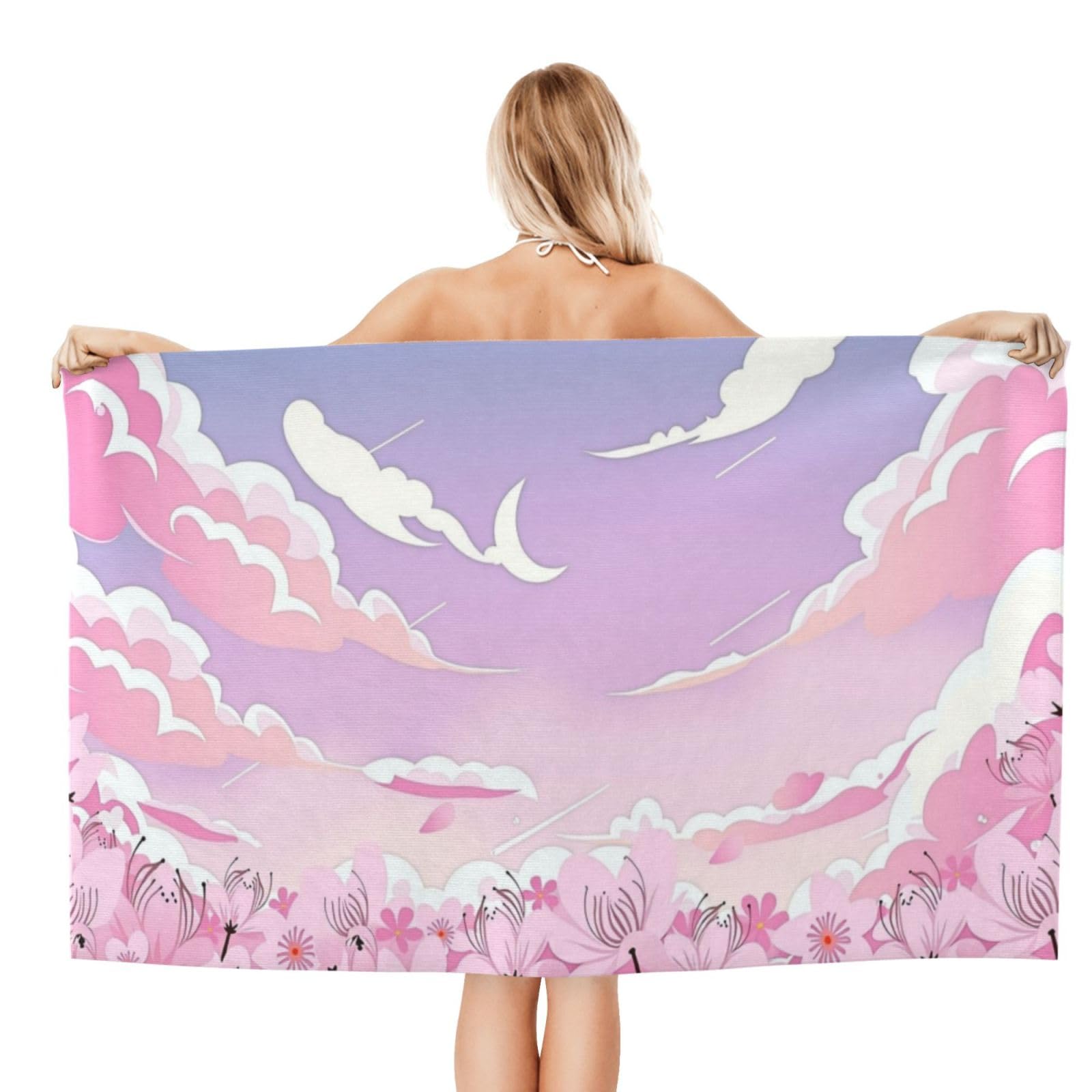 Anceky Beach Towel for Women, Cherry Blossom Sky Sand-Free Microfiber Ultra Soft Lightweight Bath Towels for Outdoor Bathroom Swimming 32"X52"
