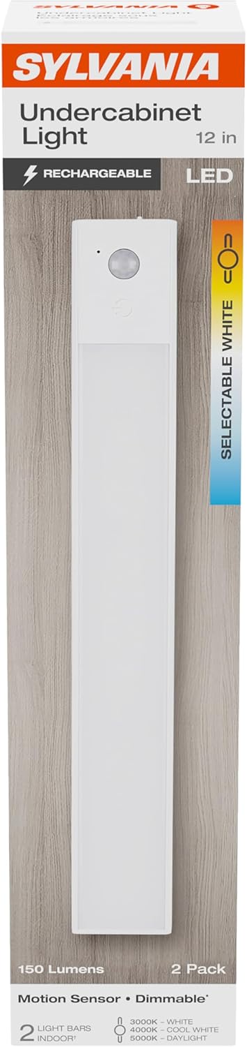 LEDVANCE Sylvania Undercabinet LED Light with Rechargeable Lithium Battery, 3 CCT (3000K - 5000K), Dimmable, Motion Sensor, White Finish - 2 Pack (66513)