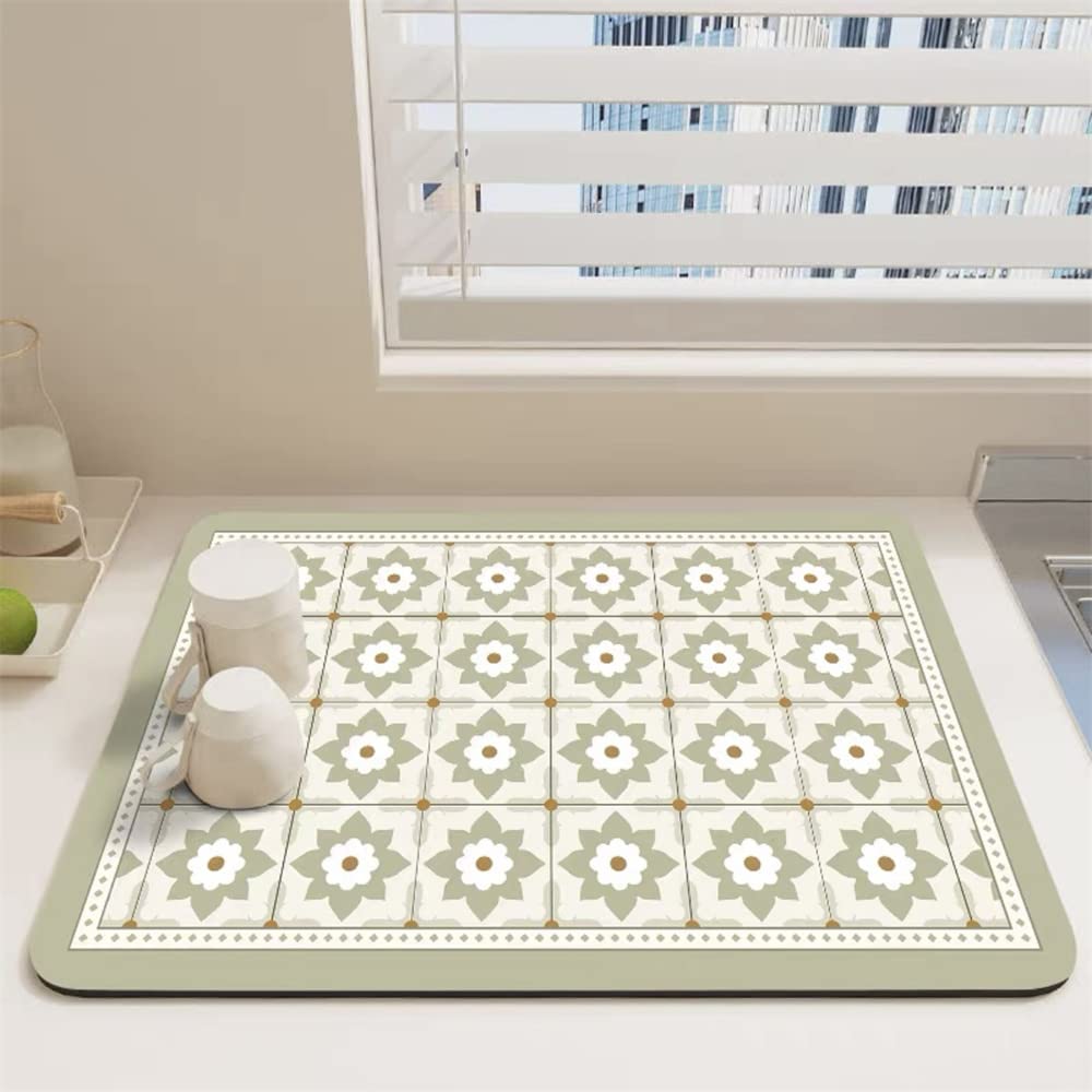 Morbuy Kitchen Drainer Mat Super Absorbent Elegant Floral Pattern Coffee Machine Pad Dish Drying Mats Quick Dry Non Slip Washable Draining Mat Placemat Bathroom Sink Mats (40x50cm,Green)