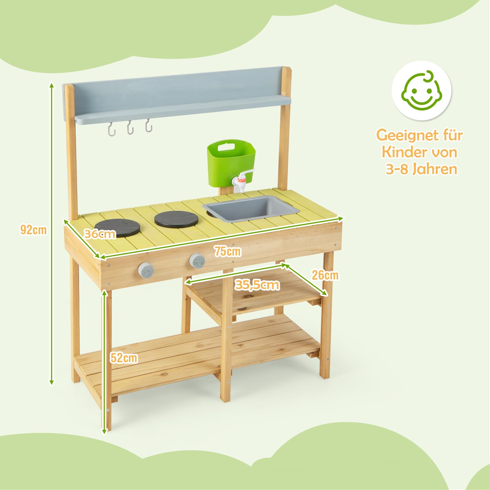 DREAMADE Matschküche Kinder Outdoor, Kinderküche mit Wassertank, Wasserhahn, Herd & abnehmbarem Regal, Spielküche aus Tannenholz, Outdoor Küche inkl. Zubehör für Jungen & Mädchen ab 3 Jahren (Natur)