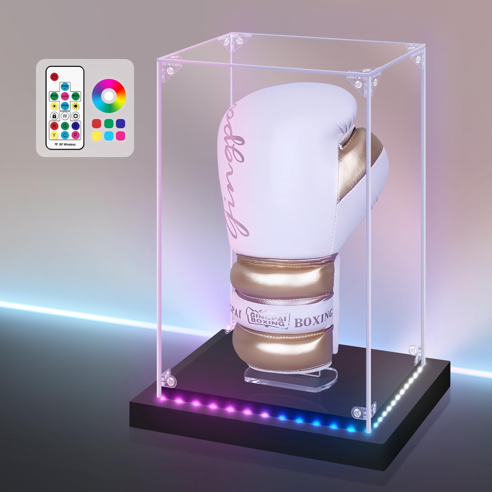 Huijintao Colorful Light Acrylic Display Case With Rgbw Color Changing Led Light, Clear Display Box For Memoribilia Action Figures, Self-Assembly Dustproof Showcase With Black Base, 8.7X7.1x13inch