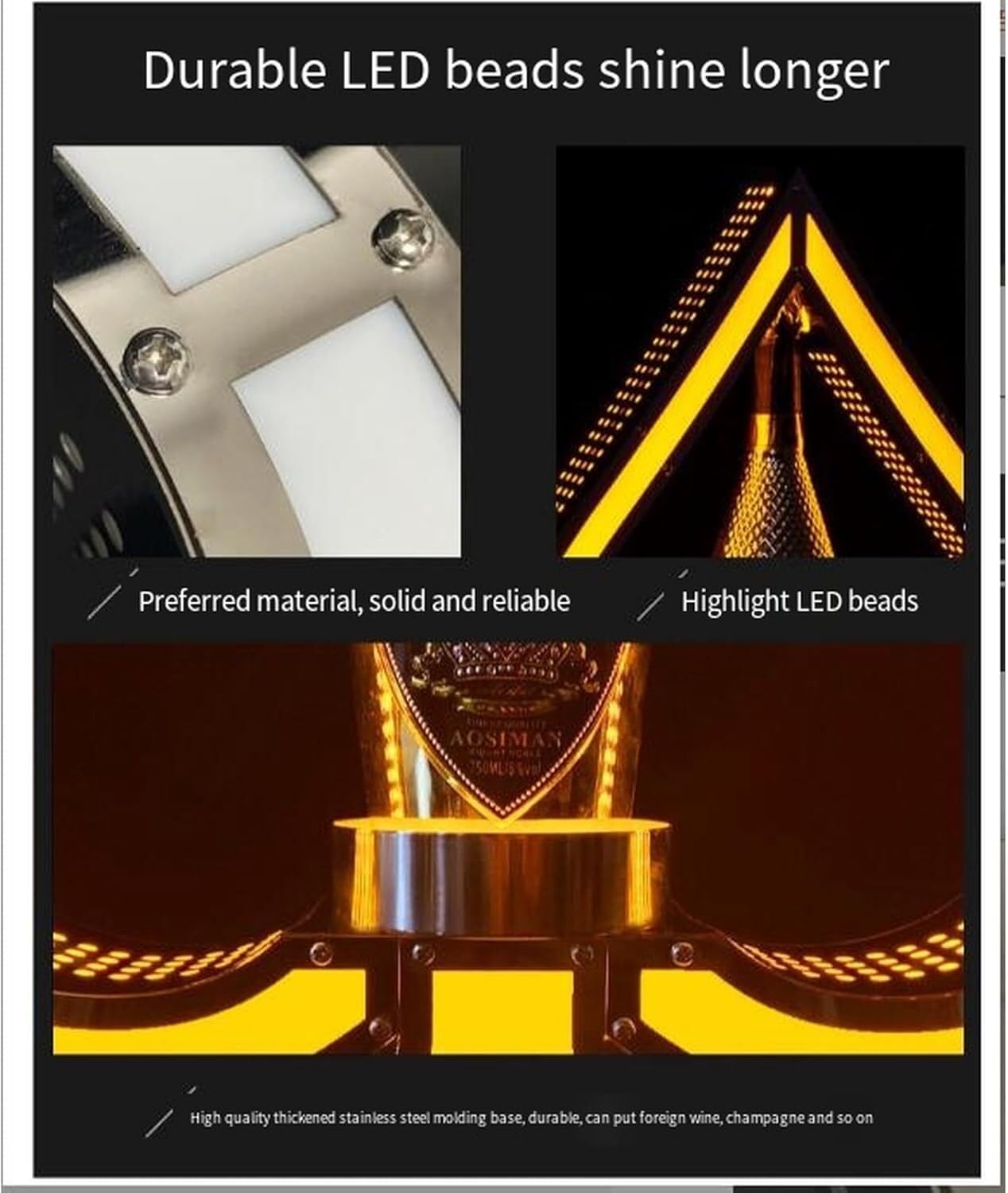 Espositore per bottiglie di liquore illuminato a LED, asso di picche, champagne, bottiglie di champagne, fiocchi, espositori per bar, hotel, discoteca, feste private, feste a LED